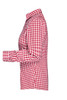 A red and white checked blouse with a collared neckline and button-up front. The blouse has long sleeves and a fitted design.