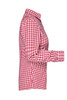 A red and white checked blouse, featuring a button-up design and a collar, with long sleeves.