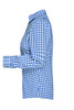 A blue and white checked blouse with a classic button-up design and a tailored fit. Features a collar and long sleeves.