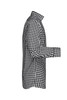 A men's checked shirt featuring a black and white gingham pattern with long sleeves and a button-up collar.