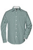 A green and white checked button-up shirt with a collar and long sleeves, featuring a logo.