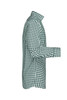 A green and white checked button-up shirt with long sleeves and a collar, featuring a logo.