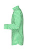 A green checked button-up shirt displayed from the side, featuring a collar and long sleeves.