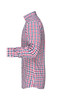 A side view of a men's button-up shirt featuring a red, white, and blue checked pattern. It has a collar and long sleeves.