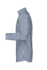 A side view of a men's checked shirt featuring a blue and white gingham pattern. The shirt has long sleeves and a collar.