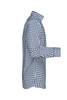 A blue and white checked men's button-up shirt displayed from the side. Features a collar and long sleeves.