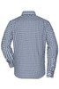 A mens checked shirt in navy and white, featuring a button-up design and long sleeves. It has a logo on the back.