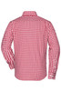 A men's button-up shirt with a red and white checked pattern, featuring long sleeves and a collar.