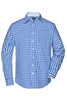A blue and white checked men's button-up shirt with long sleeves and a collar. The shirt features a logo.