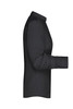 A plain black button-up shirt viewed from the side, featuring a collar and long sleeves. The shirt has a logo on it.