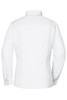 A white button-up shirt with long sleeves and a collared neckline, featuring a logo on the back.