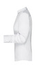 A white button-up shirt with long sleeves and a fitted silhouette, featuring a collar and one logo.