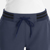 Full waist jogger in navy with metallic detail on the waistband and a drawstring tie for adjustment.