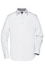 A white button-up shirt with long sleeves and a pocket, featuring a checked pattern inside the collar.