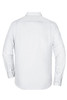 A plain white button-up shirt with long sleeves and a rear view. Features a logo on the back.