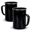 A drinkware set featuring two black enamel mugs with a speckled design and metal rims.