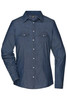 A ladies denim button-up blouse in a dark blue shade with two chest pockets and long sleeves.