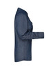 A denim blouse in a deep blue shade, featuring a button-up design and long sleeves. The blouse has a logo on it.