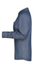 A ladies button-up denim blouse in blue, showcasing a side view with a single pocket and long sleeves.