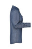 A side view of a ladies button-up denim blouse in blue, featuring long sleeves and a collar.