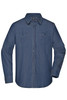 A men's denim button-up shirt in a medium blue shade, featuring two chest pockets and a classic collar.