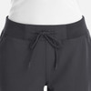 A close-up of dark grey jogger pants featuring a full waist design and a drawstring tie at the front.