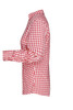 A red and white checkered button-up shirt with long sleeves and a collar, featuring a logo.