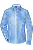 A button-up shirt featuring a blue and white checked pattern with long sleeves and a collared neckline.