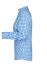 A blue and white checked ladies button-up shirt features long sleeves and a collar, with a subtle brand logo.