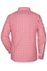 A men's traditional button-up shirt in red and white check pattern, featuring a collar and long sleeves.
