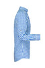 A blue and white checked button-up shirt featuring long sleeves and a logo on the sleeve.