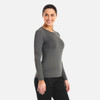 A grey long-sleeve underscrub tee for women, featuring a fitted design and a branding logo.