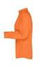 An orange ladies business shirt with a button-up design and a high collar. It has long sleeves and features a logo.