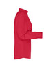 A red ladies button-up business shirt displayed from the side, featuring long sleeves and a collared neckline.