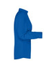 A blue ladies' button-up business shirt with a standing collar, showing side view details.