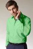 A green long-sleeve button-up shirt on a model, featuring a collar and cuffs. The model is wearing a watch.