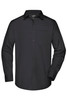 A black long-sleeve button-up business shirt with a chest pocket and a logo.