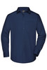 A navy blue long-sleeve button-up shirt with a pocket and a logo on the label.