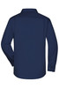 A navy blue men's button-up shirt with long sleeves, featuring a standard collar and a branding logo.