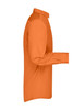 An orange men's long-sleeve button-up business shirt displayed from the side, featuring a collar and cuffed sleeves.