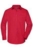 A red long-sleeve button-up shirt with a single chest pocket and a logo.