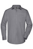 A grey long-sleeve button-up shirt with a single chest pocket and a logo on the label.