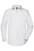 A white long-sleeve button-up shirt featuring a breast pocket and a logo.
