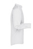 A white men's button-up business shirt with long sleeves displayed side view, featuring a collar and a logo.