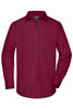 A maroon long-sleeved button-up business shirt with a single chest pocket and a branded label.