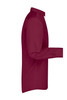 A maroon long-sleeve button-up shirt with a collared neckline and a side view showcasing its fit.