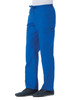 A pair of blue cargo pants with a full elastic waistband, featuring pockets. The pants are worn with black shoes.