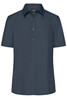 A short-sleeved navy blue button-up business shirt with a collar and a front button placket.