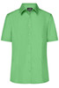A short-sleeved button-up shirt in a vibrant green colour with a collar and row of buttons down the front.