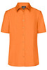 An orange short-sleeve button-up ladies' business shirt with a collar and buttons down the front.